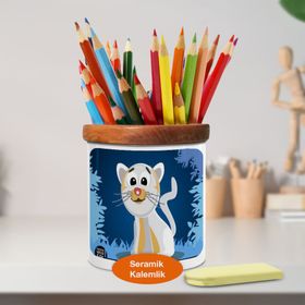 Asilmeydan 447491224 Sevimli Bahçede Kedi Ahşaplı Seramik Kalemlik