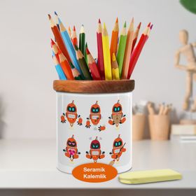 Asilmeydan 447494411 Çalışkan Renkli Robot Ahşaplı Seramik Kalemlik