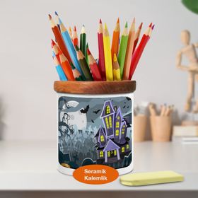 Asilmeydan 447496005 Hallowen Korkunç Şato Ahşaplı Seramik Kalemlik