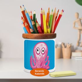 Asilmeydan 447499624 Pembe Ahtapot Ahşaplı Seramik Kalemlik