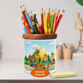 Asilmeydan 447500215 Bahçede Çiçek Eken Çocuklar Ahşaplı Seramik Kalemlik