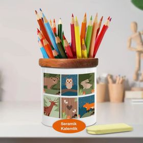 Asilmeydan 447503251 Sevimli Orman Hayvanları Kolaj Ahşaplı Seramik Kalemlik