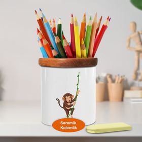 Asilmeydan 448335047 Sallanan Sevimli Maymun Ahşaplı Seramik Kalemlik