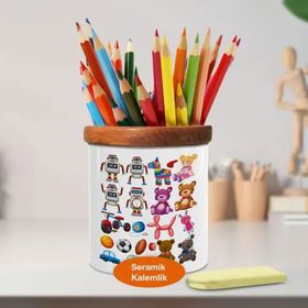 Asilmeydan 448337552 Sevimli Oyuncak Desenleri Ahşaplı Seramik Kalemlik