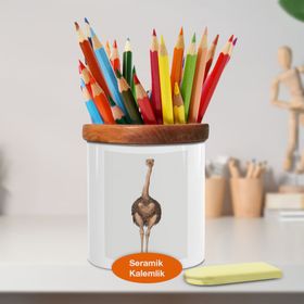 Asilmeydan 448339008 Sevimli Uzun Deve Kuşu Ahşaplı Seramik Kalemlik