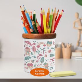 Asilmeydan 448684386 Minimal Yaz Sembolleri Ahşap Seramik Kalemlik