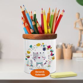 Asilmeydan 448685569 Çiçekli Sevimli Kedi Ahşap Seramik Kalemlik
