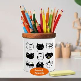 Asilmeydan 448854983 Siyah Beyaz Çizimsel Kedİler Ahşap Seramik Kalemlik