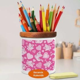 Asilmeydan 448857673 Çizimsel Kalpli Kedi Desenler Ahşap Seramik Kalemlik