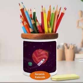 Asilmeydan 448862447 Gezegen Etrafında Roket Ahşap Seramik Kalemlik