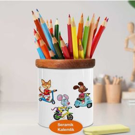 Asilmeydan 448866654 Bisikletli Neşeli Fareler Ahşap Seramik Kalemlik