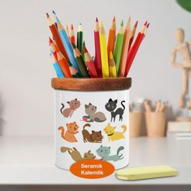 Asilmeydan 448867163 Renkli Neşeli Kedİler Ahşap Seramik Kalemlik