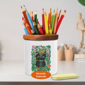 Asilmeydan 448869979 Yapraklar Arasında Siyah Kedi Ahşap Seramik Kalemlik