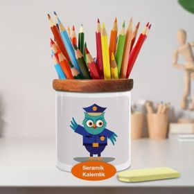 Asilmeydan 448886135 Polis Kostümlü Baykuş Ahşap Seramik Kalemlik