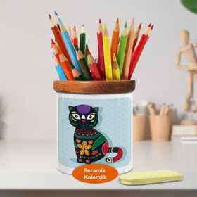 Asilmeydan 448892659 Etnik Desenli Kedicik Ahşap Seramik Kalemlik