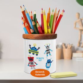 Asilmeydan 448896185 Sevimli Renkli Robotlar Ahşap Seramik Kalemlik