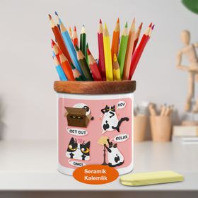Asilmeydan 448902504 Komik Diyalog Kedi Ahşap Seramik Kalemlik