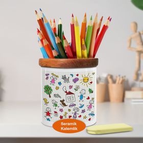 Asilmeydan 448909032 Çocuk El Çizim Desenli Ahşap Seramik Kalemlik