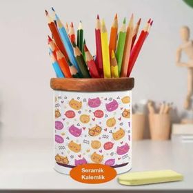 Asilmeydan 448913248 Renkli Kedi Kafası Desenli Ahşap Seramik Kalemlik