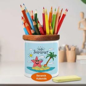 Asilmeydan 448918883 Hello Summer Yazılı Deniz Yıldızı Ahşap Seramik Kalemlik