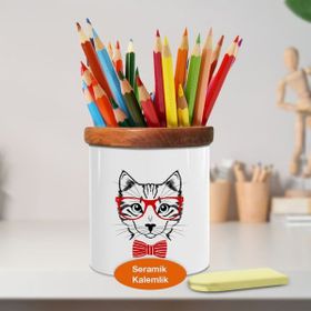 Asilmeydan 448922144 Gözlüklü Sevimli Kedi Ahşap Seramik Kalemlik
