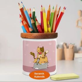 Asilmeydan 448943506 Eğlenceli Kedİler Ahşap Seramik Kalemlik