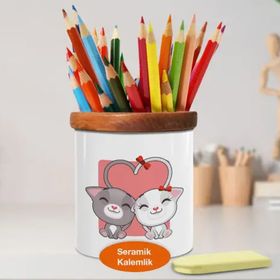 Asilmeydan 448946112 Kalp Kuyruklu Kedİler Ahşap Seramik Kalemlik