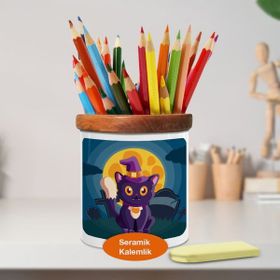 Asilmeydan 448948164 Hallowen Kostümlü Kedi Ahşap Seramik Kalemlik