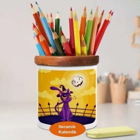 Asilmeydan 448949247 Mor Şapkalı Kedi Ahşap Seramik Kalemlik