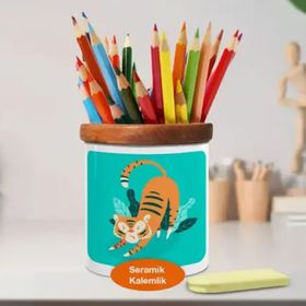 Asilmeydan 448949519 Esneyen Sevimli Kaplan Ahşap Seramik Kalemlik