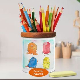 Asilmeydan 448962885 Çizimsel Renkli Canavarlar Ahşap Seramik Kalemlik