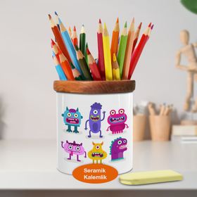 Asilmeydan 448968335 Neşeli Canavarlar Ahşap Seramik Kalemlik