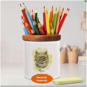 Asilmeydan 448969757 Sevimli Bakışlı Kedi Ahşap Seramik Kalemlik
