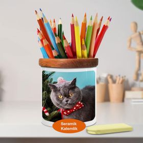 Asilmeydan 448975402 Papyonlu Huysuz Kedi Ahşap Seramik Kalemlik