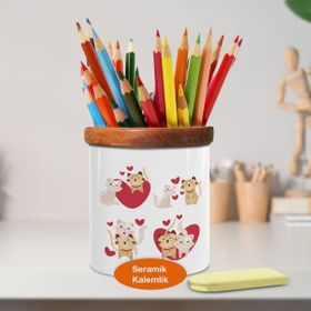 Asilmeydan 448983773 Kalp İçinde Mutlu Kedİler Ahşap Seramik Kalemlik