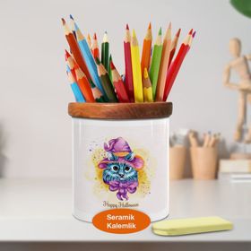 Asilmeydan 448984722 Çizimsel Süslü Kedi Ahşap Seramik Kalemlik