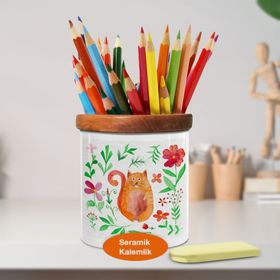 Asilmeydan 448984874 Çiçekli Şişko Kedi Ahşap Seramik Kalemlik