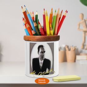 Asilmeydan 449265695 Siyah Beyaz Mustafa Kemal Atatürk Ahşap Seramik Kalemlik