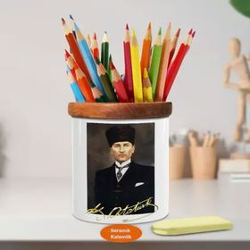 Asilmeydan 449277824 Takımlı Kalpaklı Mustafa Kemal Atatürk Ahşap Seramik Kalemlik