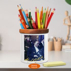 Asilmeydan 449288644 Cumhurbaşkanı Kemal Atatürk Ahşap Seramik Kalemlik