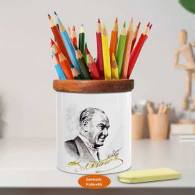 Asilmeydan 449351382 Karakalem Çizim Mustafa Kemal Ahşap Seramik Kalemlik