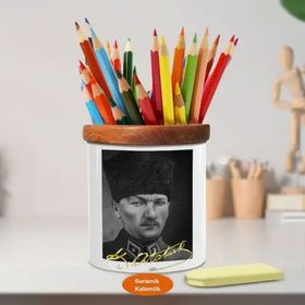Asilmeydan 449353926 Kalpaklı Karakalem Mustafa Kemal Ahşap Seramik Kalemlik