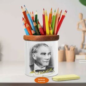 Asilmeydan 449358251 Karakalem Çizimli Mustafa Kemal Paşa Ahşap Seramik Kalemlik
