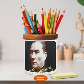Asilmeydan 449392247 Mustafa Kemal Atatürk İmzalı Potre Ahşap Seramik Kalemlik