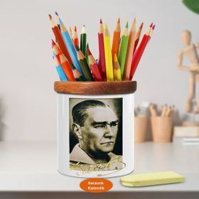 Asilmeydan 449414363 Eskitme Efektli Mustafa Kemal Atatürk Ahşap Seramik Kalemlik