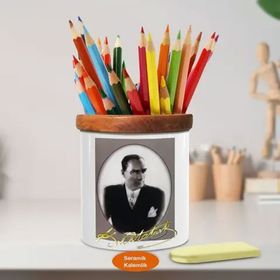 Asilmeydan 449454133 Siyah Beyaz Kemal Atatürk Ahşap Seramik Kalemlik