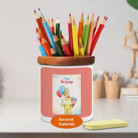 Asilmeydan 449795797 Balonlu Sevimli Ayıcık Ahşap Seramik Kalemlik
