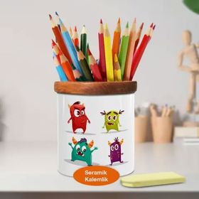 Asilmeydan 449798957 Sevimli Minik Renkli Canavarlar Ahşap Seramik Kalemlik