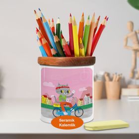 Asilmeydan 449799489 Bisiklet Kullanan Sporcu Kedi Ahşap Seramik Kalemlik