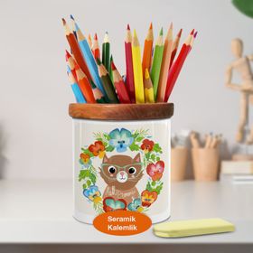 Asilmeydan 449799846 Çiçekler Arasında Gözlüklü Sevimli Kedi Ahşap Seramik Kalemlik